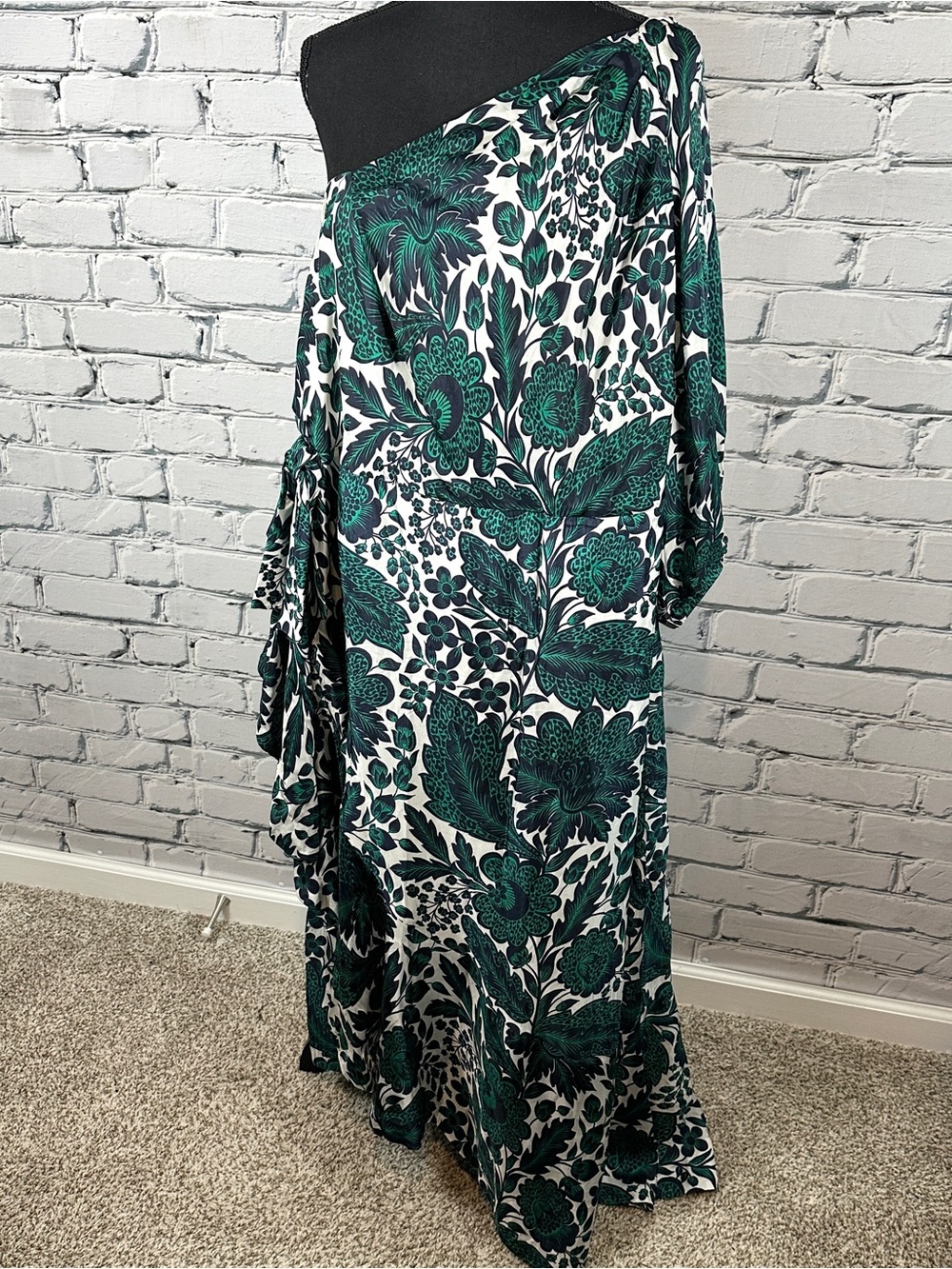 J. Crew Silky One Shoulder Ruffle Hem Dress Size 24 Emerald Navy Floral Formal - Picture 5 of 16